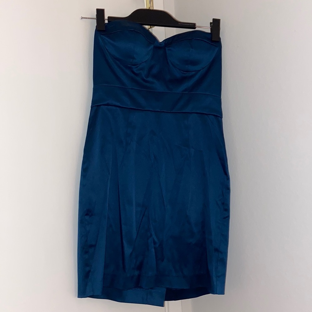 Blue satin strapless mini dress